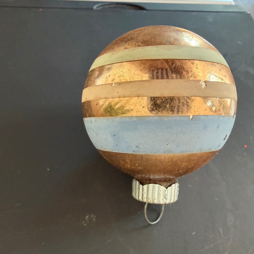 Vintage Shiny Brite Glass Christmas Ornament Copper Blue Striped USA MCM Round